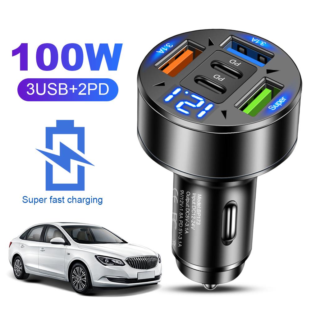 100W 5 Ports Car Charger with Voltage QC3.0 Super Fast Charger 12V-24V Cigarette Lighter Car Phone Charger for Phone Tablet