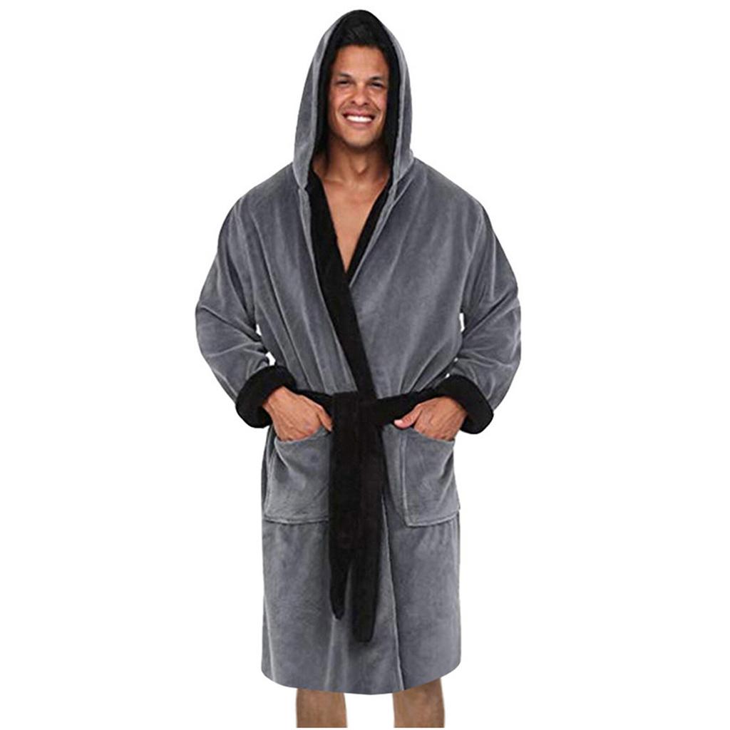 Men's Winter Lengthened Plush Shawl Bathrobe Home Clothes Long Sleeved Robe Coat