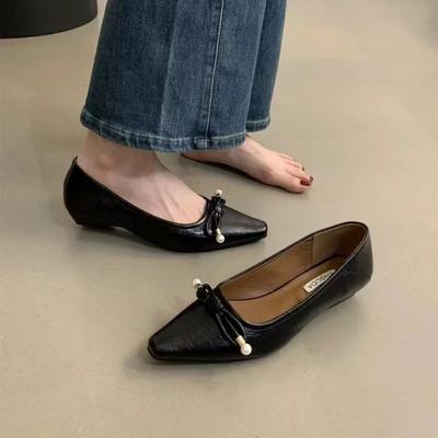 Модные женские модные туфли на плоской подошве, осенние новинки, с острым носком, с мелким вырезом, с бантом-бабочкой, нескользящие, износостойкие, на мягкой подошве