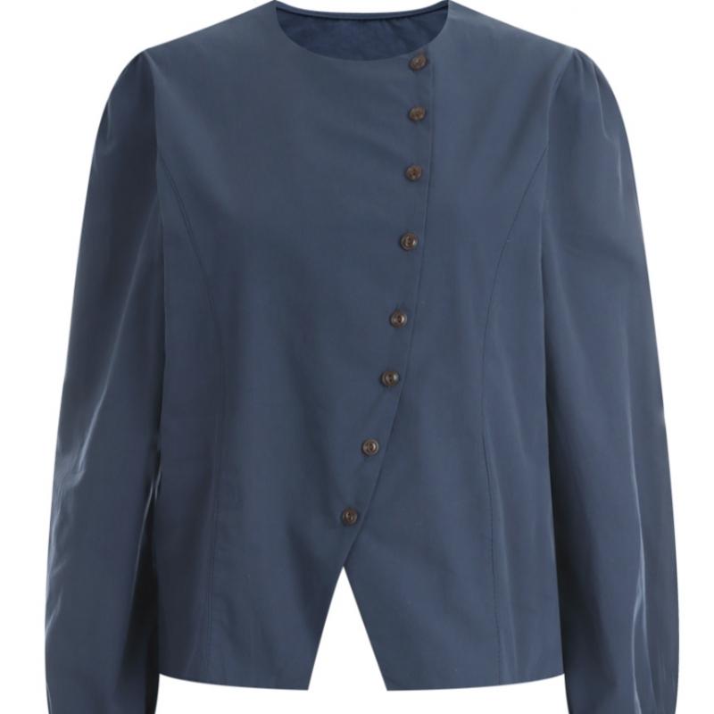Shop Women No Collar Asymmetrical Button Line Simple Shirring Blouse Ivory Egg