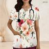 Women Plus Size Floral Printed Off White Nurse Scrub Top Keyhole Neck Short Sleeve Front Pockets