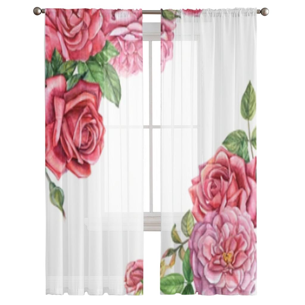 Roses Sheer Window Curtains For Living Room Bedroom Modern Voile Tulle Curtains Fabric Drapes For Kitchen