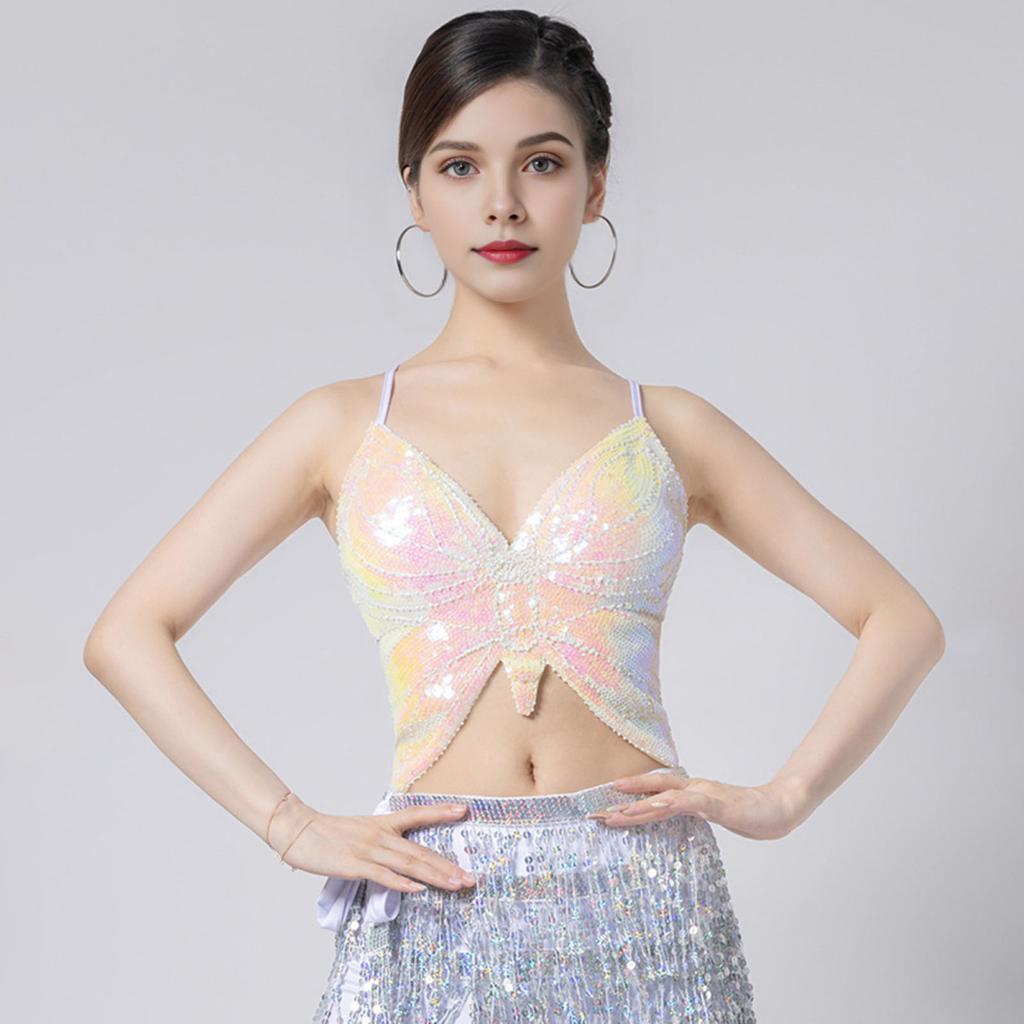 Женский костюм для танца живота, укороченный топ с открытой спиной, без рукавов, с пайетками, костюм для латинских танцев, бандажный жилет с регулируемыми резинками, праздничный топ