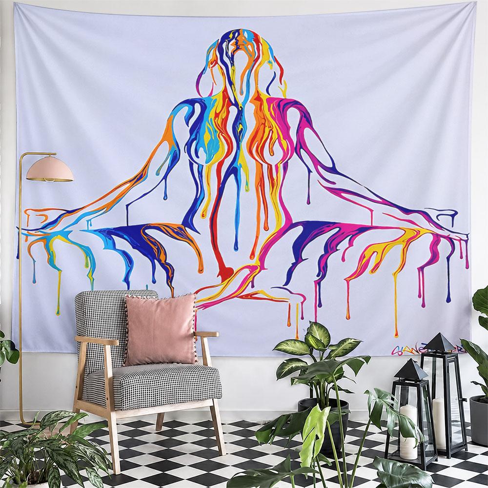 Dripping Paint Woman Meditation Tapestry Wall Hanging Abstract Fluid Art Decor for Bedroom Living Room