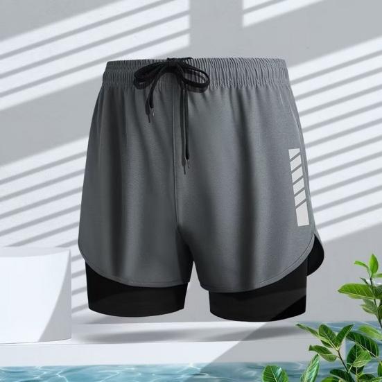 Men Swim Shorts Slim Fit Double Layers Quick Dry Conservative Breathable Swimming Drawstring Elastic Waist Swimming Trunks Water Sports Jogging Shorts