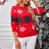 Повседневный Свободный С Круглым Вырезом Рождественский Красный Свитер Осень Зима Женский С Жаккардовым Узором Рождественской Елки Пуловер Вязаный Свитер