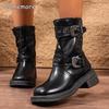 Fashion Vintage Buckle Strap Mid-Calf Boots for Women Brown Pu Leather Motorcycle Shoes Woman Autumn Winter Chunky Heel Booties Fashion