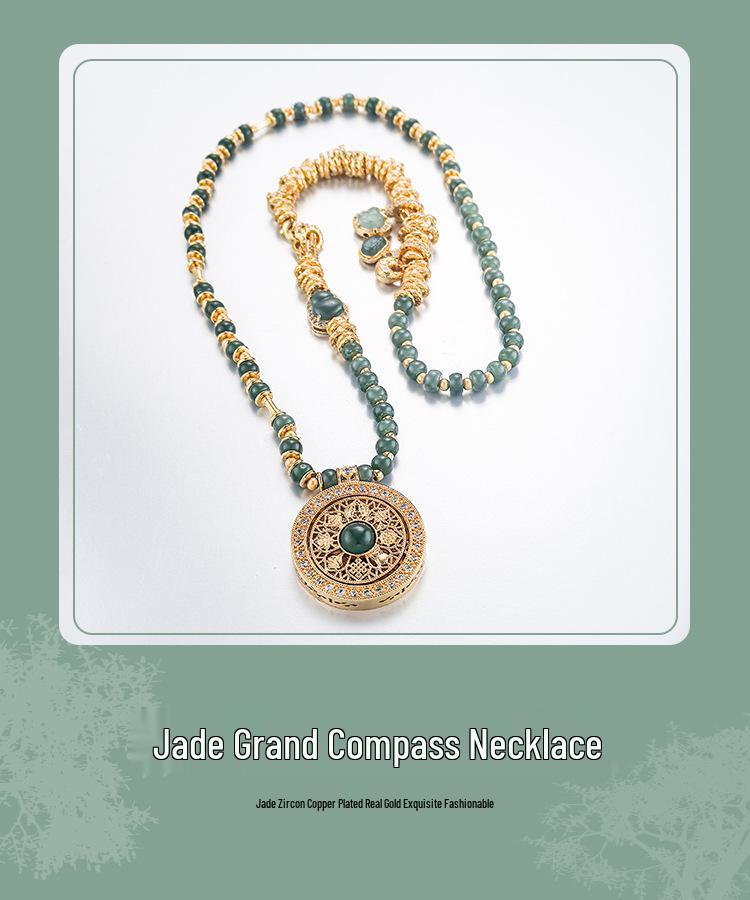 Jade Stone Large Compass Necklace - Vintage Luxurious Pendant