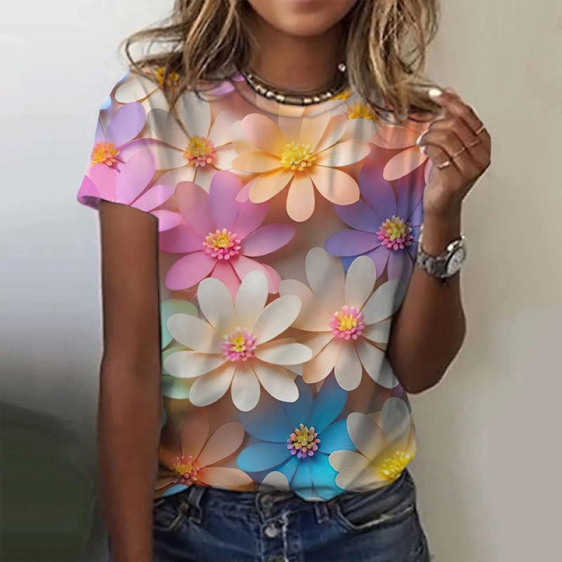 Women's T-Shirts Fashion 3d Floral Printing T Shirt Casual Tees Summer Clothing Basic Female Tops Print Oversized Pullover
