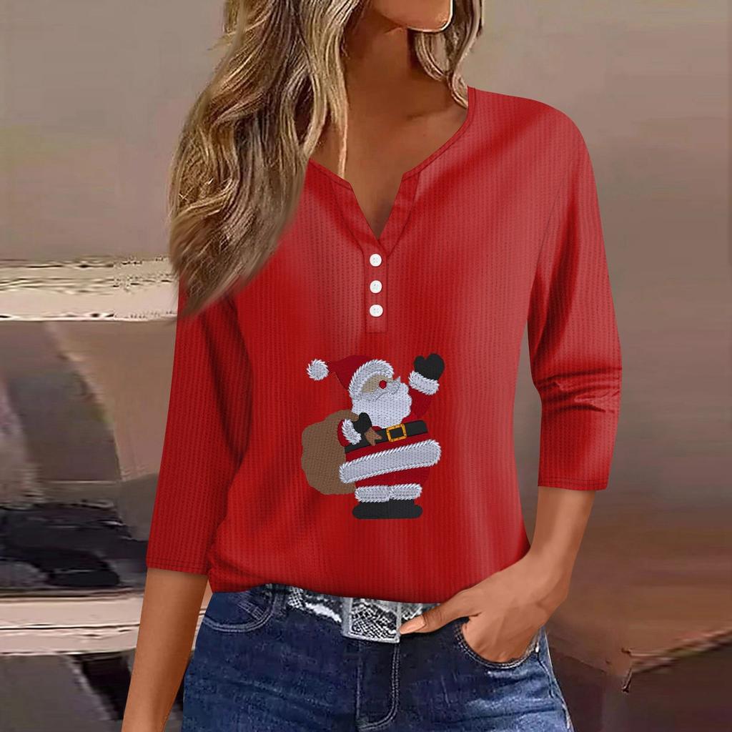 Women‘s Fashion Casual Christmas Wine Glass Printed V-neck 3/4 Sleeve Button Knit Hoodie Regular Top