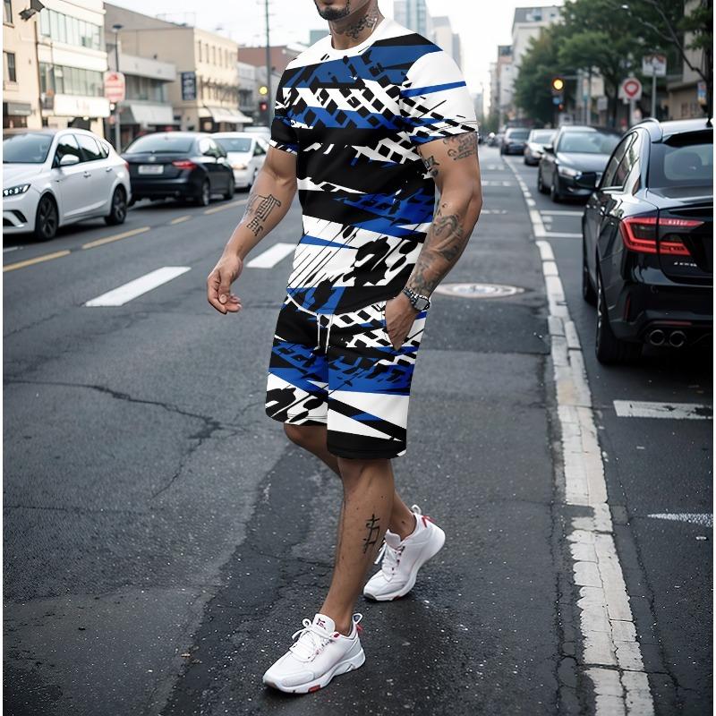 3D Cool Casual Мужской комплект футболок с круглым вырезом Летний полиэстер Модный уличный спортивный комплект из 2 предметов с короткими рукавами и короткими шортами