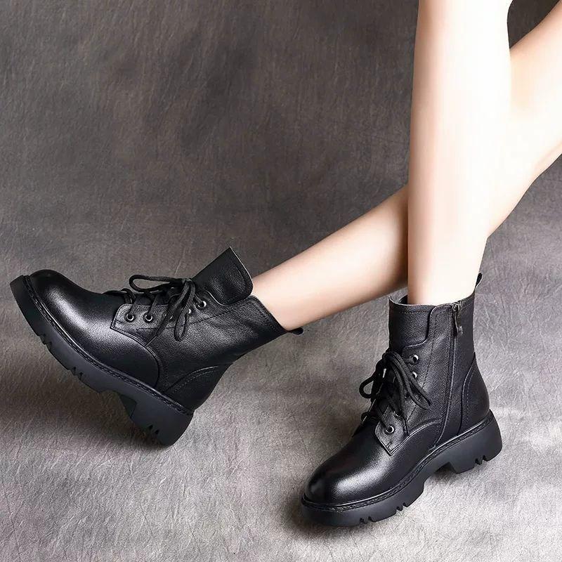 Зимняя обувь женские сапоги с круглым носком на плоской подошве черные кожаные сапоги на платформе для женщин зимние сапоги женские зимние 2024 Botas Mujer785