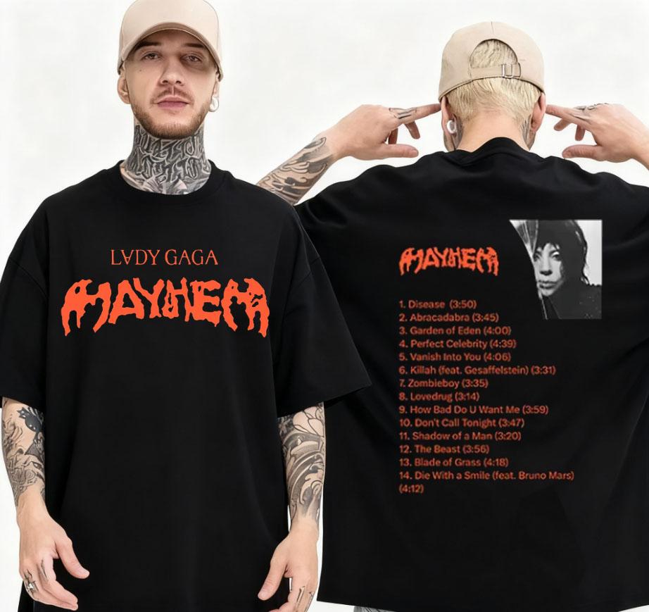 Футболка Lady Gaga Mayhem 2025 Новый Альбом Мода Мужская Летняя Ретро Харадзюку Высококачественная Одежда Хлопок Фан Футболка