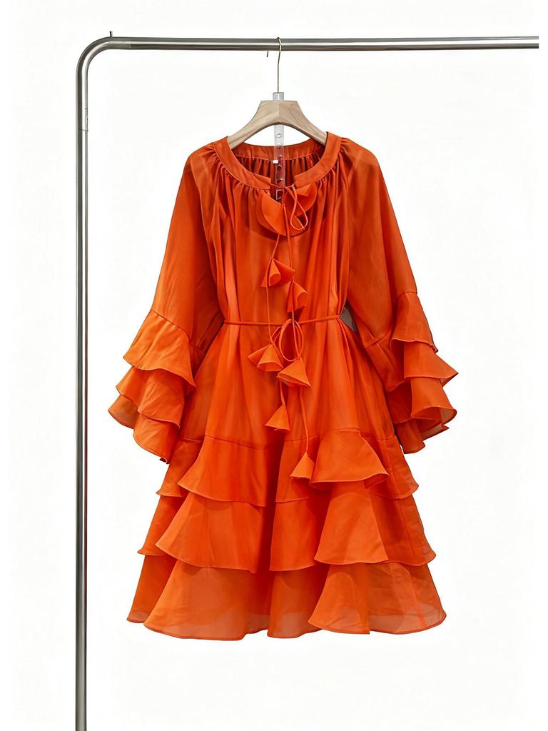 Vietnam Niche Design Multi-layer Ruffle Tie-neck Patchwork Flounce Skirt