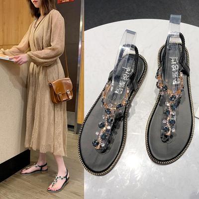 Комплект женских босоножек лето 2025 года новые универсальные студенческие босоножки на плоской подошве со стразами шлепанцы с мыском пляжные женские туфли