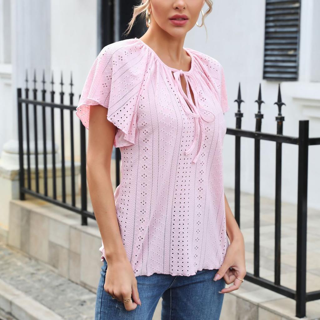Полые жаккардовые блузки с рукавами реглан, рюшами и рукавами реглан, однотонный топ на шнуровке с короткими рукавами, женская летняя блузка
