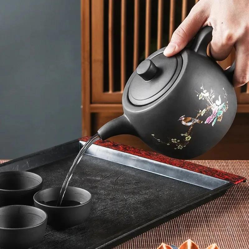 Исинские фиолетовые глиняные чайники, чайник большой емкости с цветами и птицами, ручной работы, Чжу, грязевой дракон, заварочный чайник, китайский чайный сервиз