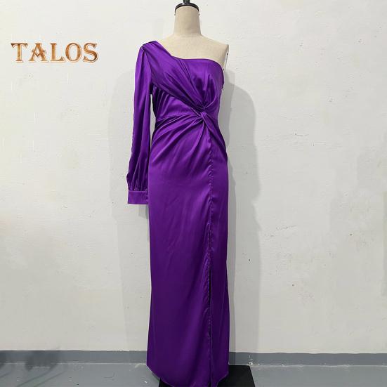 Женское вечернее платье на одно плечо с открытым рукавом, разрезом по низу, однотонное, с тонкой талией, плиссированное, с узлом, однотонное, коктейльное, вечернее платье макси