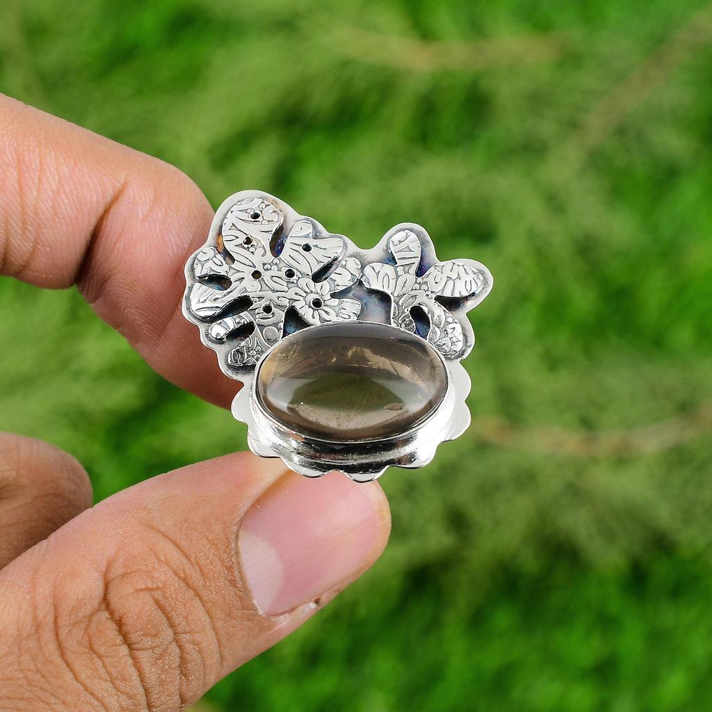 Natural Smoky Quartz Gemstone 925 Silver Promise Adjustable Ring For Girls