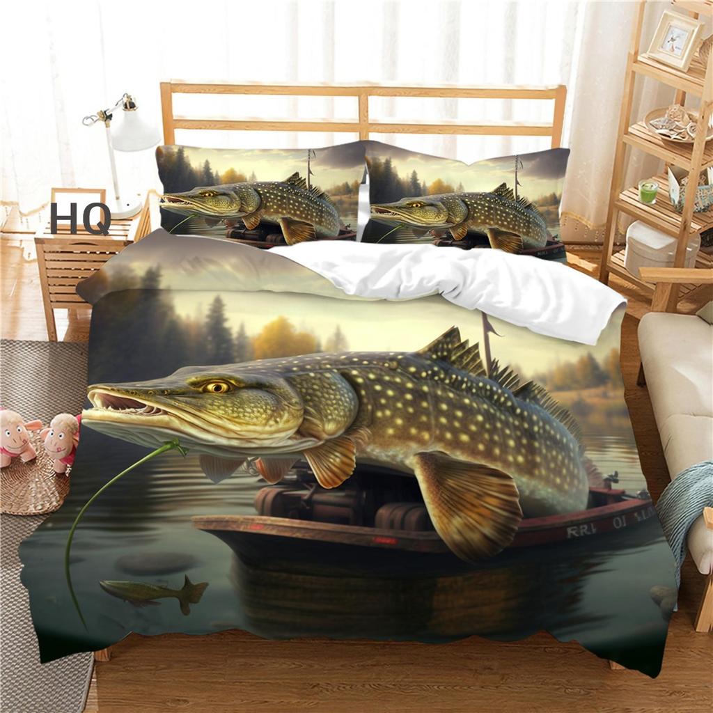 3D Home Bedding Set with Hunting and Fishing Background Pillowcases and Duvet Covers 2/3 Pieces for Boys, Ultra-fine Fiber Comfortable Quilt Cover