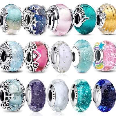 Роскошные 925 пробы стерлингового серебра розовый цветок муранское стекло бусины шарм подходит браслет ожерелье граненый муранское DIY женские ювелирные изделия