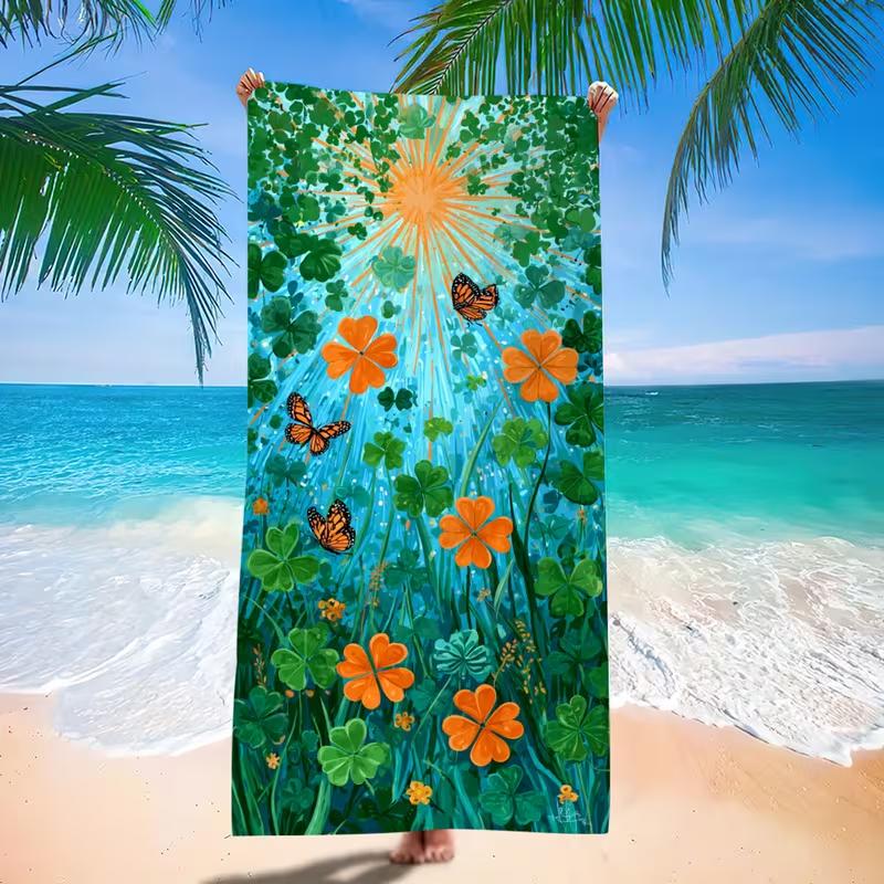 Lavender Purple Watercolor Green Leaf Floral Print Beach Towel Sandproof Quick Dry Towel for Beach Spa Home Shower