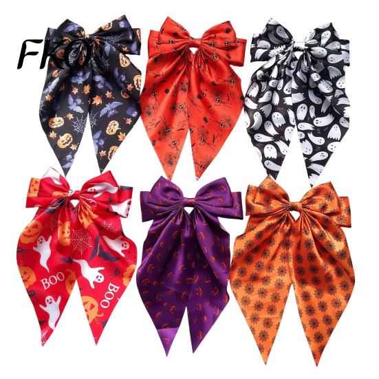 Ghost Hair Clip Halloween Silky Satin Bows for Women, Big Ribbon Bow Clips Girls, Strong Grip Oversized Long Tail Barrettes, Cute Bat