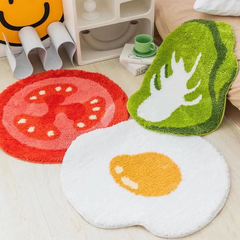 Adorable Cartoon Fried Egg & Vegetable Rug - Cozy, Cold-Proof Tufted Carpet for Kids’ Rooms & Bedrooms