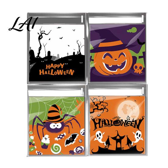 Self Adhesive Treat Bags 100 Pcs Small Halloween Bags Seal Clear Candy Dessert Snack Cookie Trick or Party Favors for Holiday Cute Cartoon Pouches