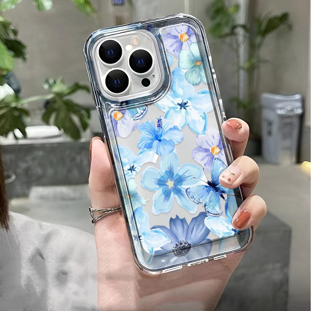 Чехол для телефона с синими цветами для iPhone 17 16 15 14 Plus 13 12 11 Pro Max Задняя крышка 16 17 Air Soft Чехол для телефона Защитный чехол