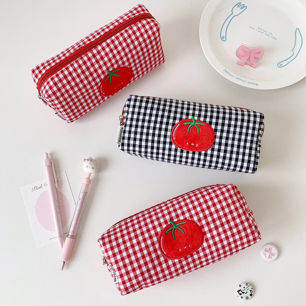 Cute Tomato Plaid Pencil Case Large Capacity Soft Pen Storage Bag Stationery Pouch Organizer Cosmetic Bags Back To School Items