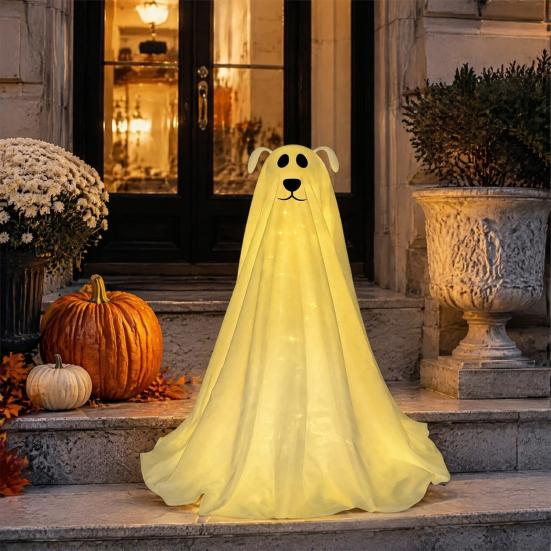 Cute Ghost Dog Figurine Lighted Halloween Decoration, Battery Operated Freestanding Spooky Porch Corner Decor with Remote And String Light for