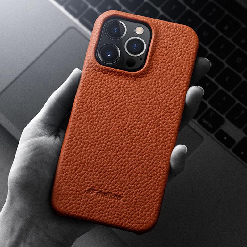 MELKCO Microfiber Lining Cover for iPhone 15 Pro,Genuine Cow Leather Coated PC Incomplete Phone Case