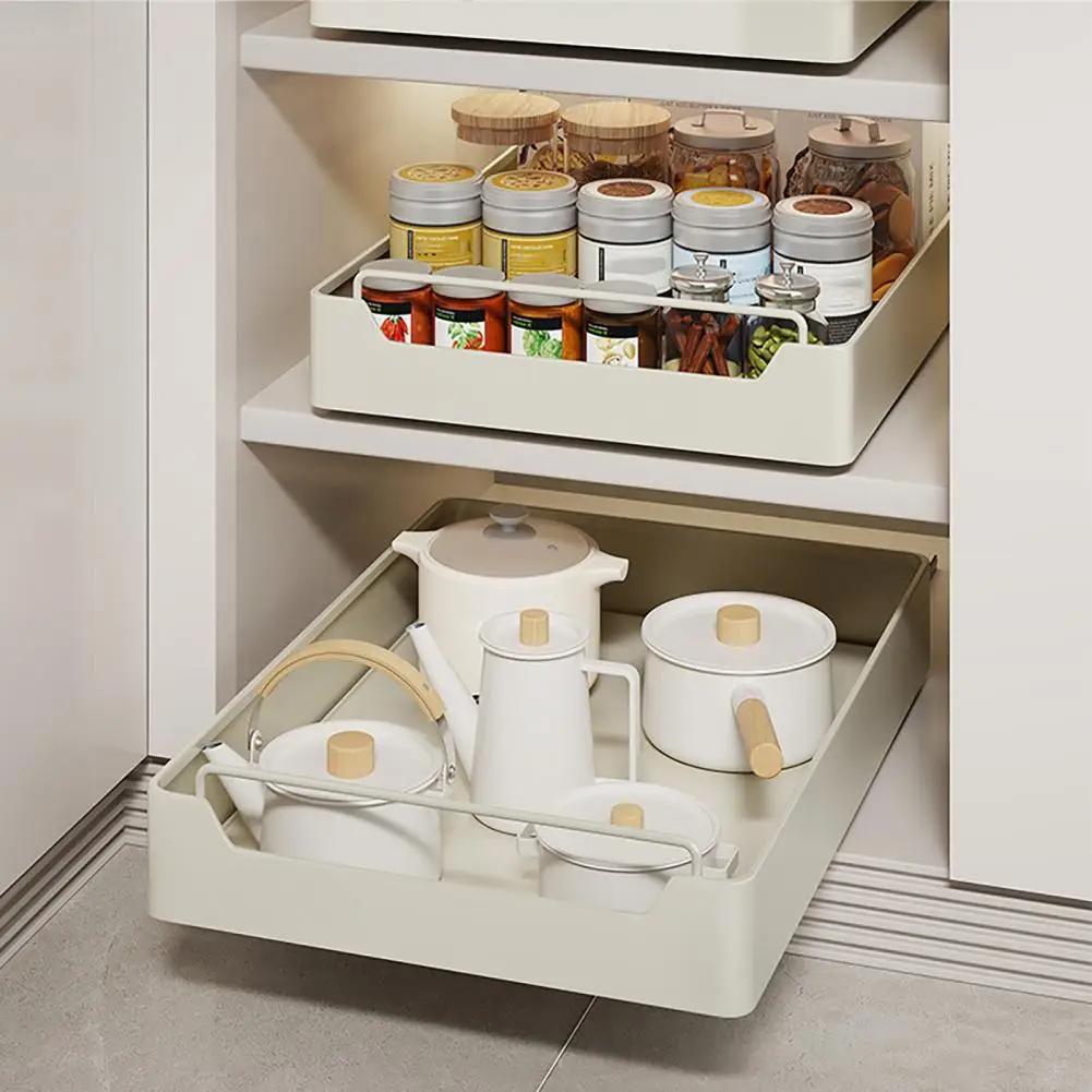 Kitchen Storage Box With Sliding Rail Pull Out Cabinet Storage Rack Spice Pantry Shelves Drawer Kitchen Organizer Basket