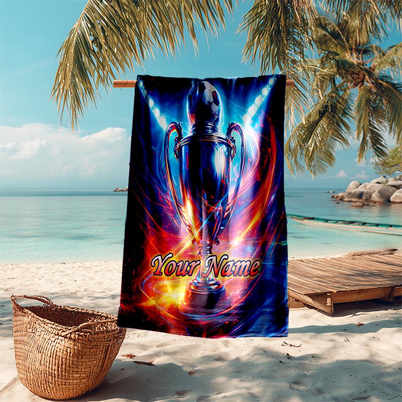 1PC Custom Name "Your Name: Soccer Trophy" Beach Towel Highly Absorbent And Sand-Resistant Towel for Swimming, Pool, Yoga, And Travel Lightweight