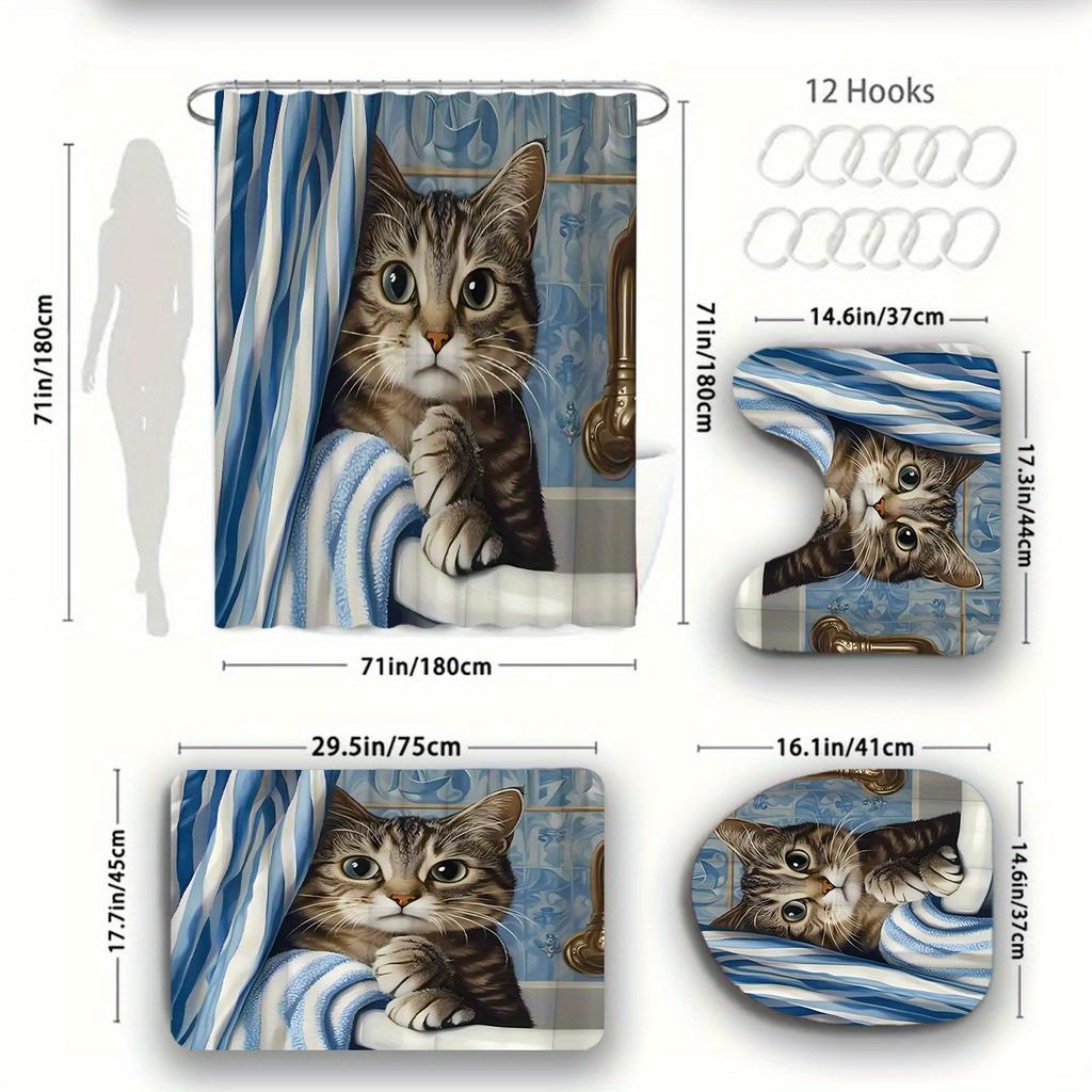 1/4 шт. Роскошный милый узор для кошек, водонепроницаемый комплект занавесок для душа, декоративный набор для ванной комнаты, нескользящий коврик для унитаза, коврик для ванной и 12 крючков