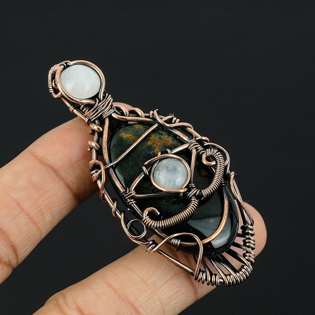 Bloodstone & Rainbow Moonstone 999 Copper Wire Wrapped Pendant Handmade Gemstone Jewelry, Gifts For Wife Brand New Pendant
