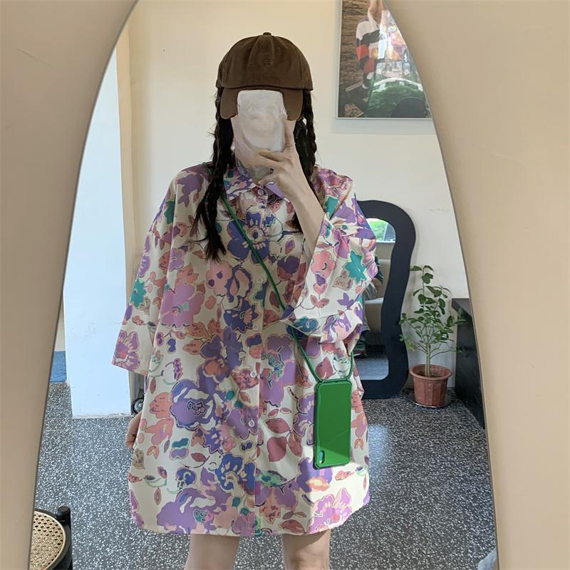 Женская рубашка с принтом в стиле колор-блокинг, летняя, свободная, повседневная, с короткими рукавами, американская, с короткими рукавами, солнцезащитный топ