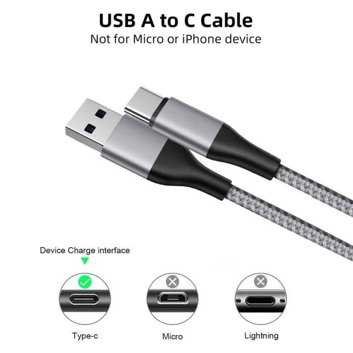 2x Câble USB-C Nylon Rapide 3A pour Xiaomi Redmi 14C 13C, Redmi Note 13/Note 14 4G-5G, Note 13 Pro Plus 5G - Gris 1 Mètre