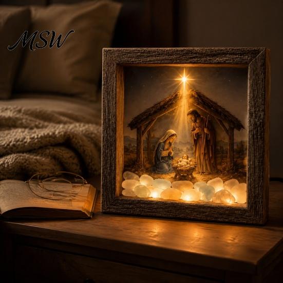 Faith Inspired Room Accents Coastal Lighthouse Sea Glass Shadow Box Night Light, LED Nativity Scene Religious Light Wall Mounted Wooden Frame