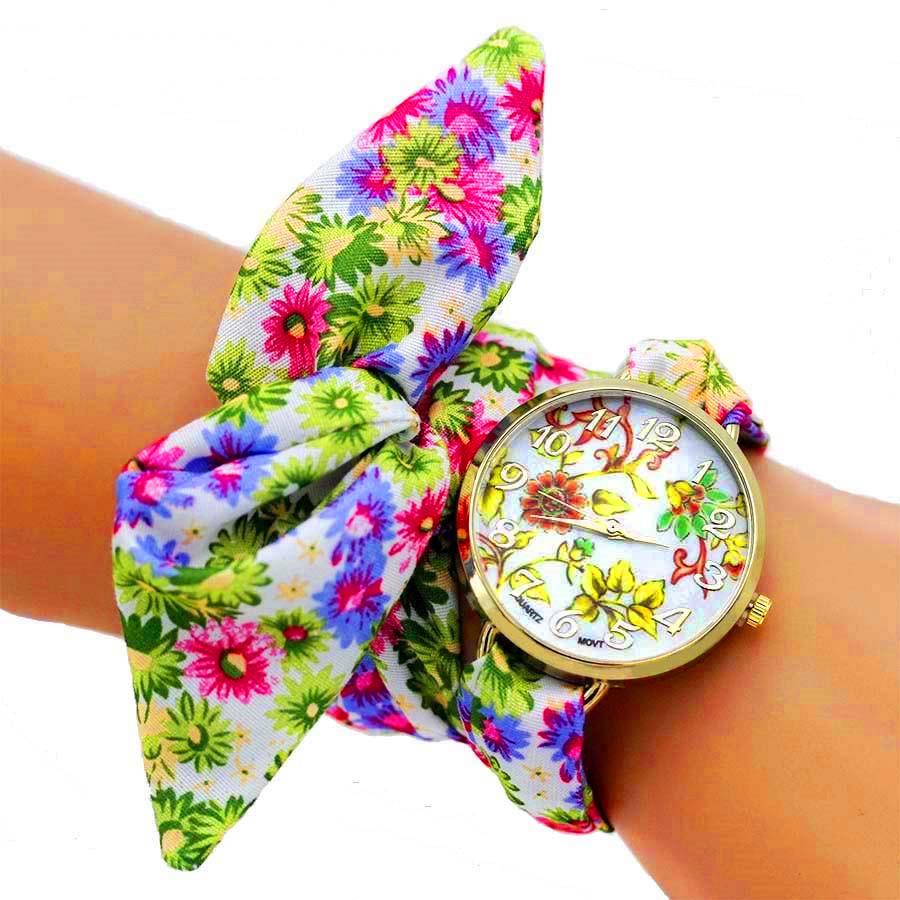 Shsby Unique Ladies Flower Cloth Wristwatch Fashion Women Dress Watch Silky Chiffon Fabric Watch Sweet Girls Bracelet Watch