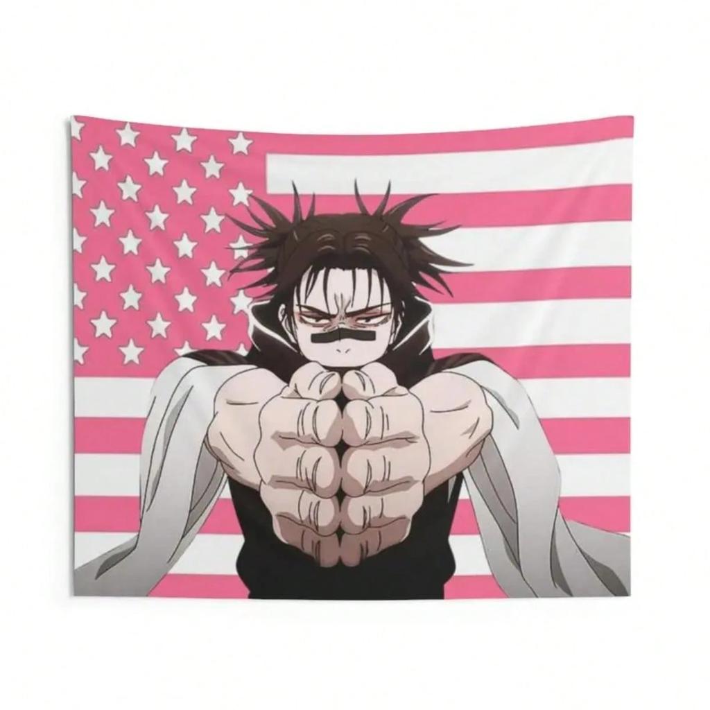 Тканевое панно Jujutsu Kaisen Чосо Аниме Настенный плакат с розовым фоном в виде американского флага Для фанатов манги Стиль спальни