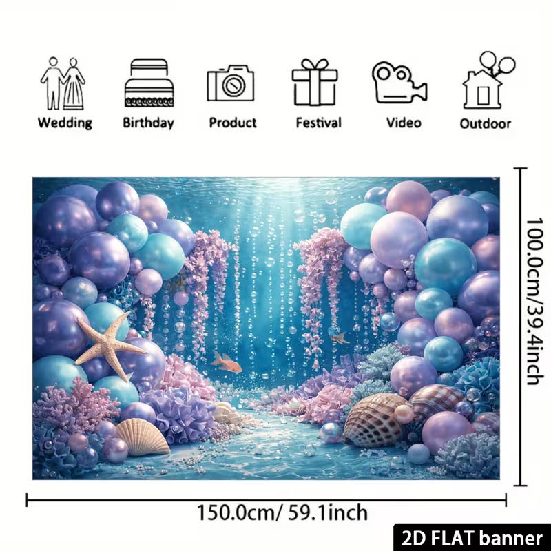 2D Ocean Adventure Backdrop Underwater Purple Blue Balloon & Coral Fabric Banner for Kids Party
