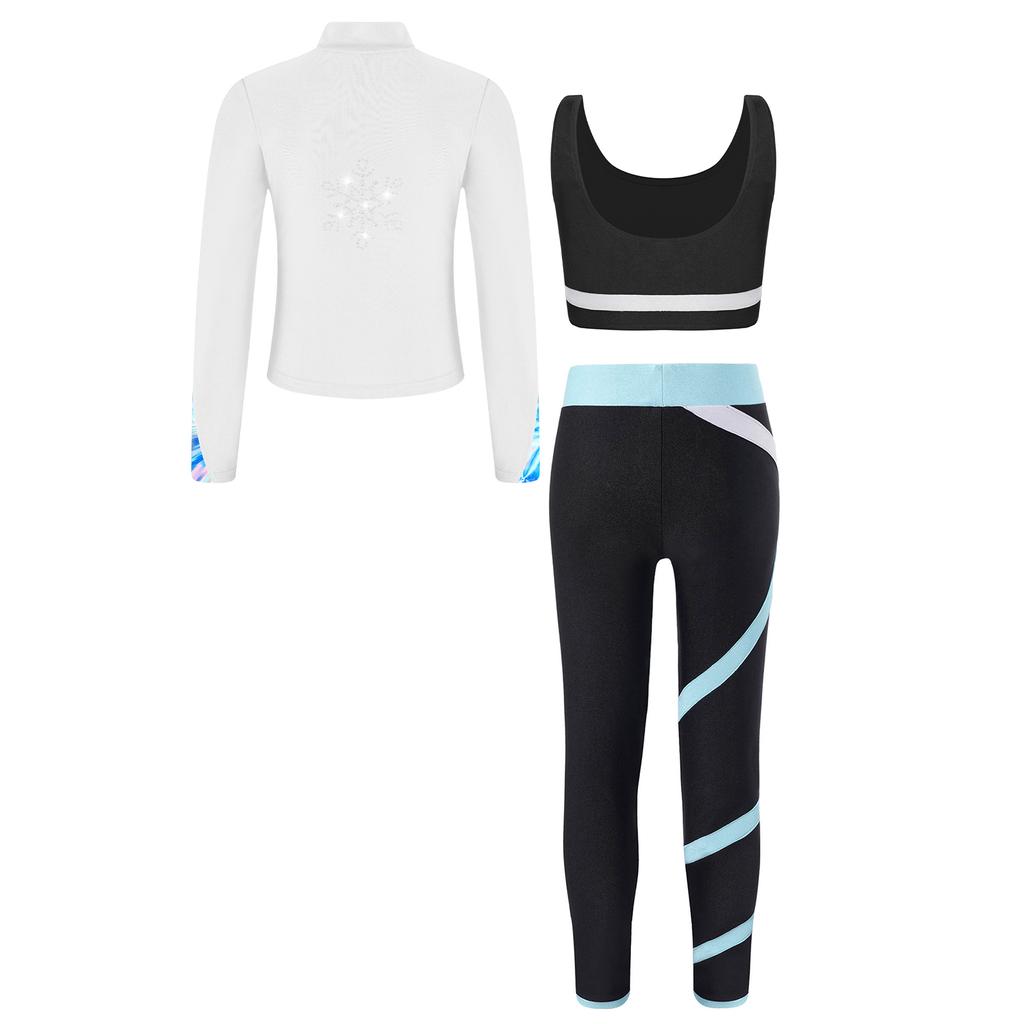 Детский спортивный танцевальный костюм для девочек из 3 предметов: укороченная майка с леггинсами и куртка с длинными рукавами, спортивный костюм