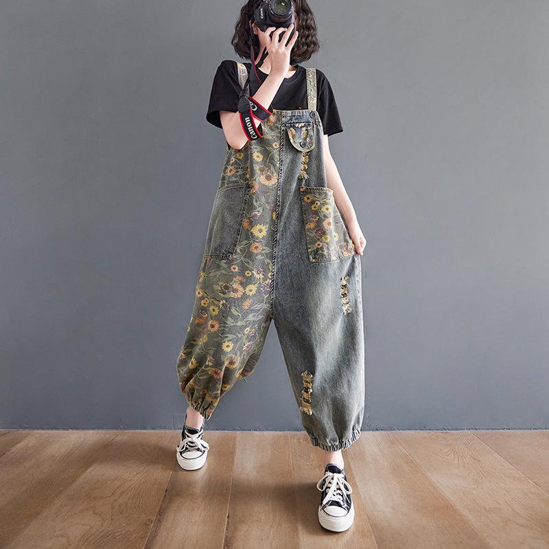 Women Printed Denim Overalls Jumpsuit Bib Trousers Adjustable Straps Loose Jeans Casual Plus Size