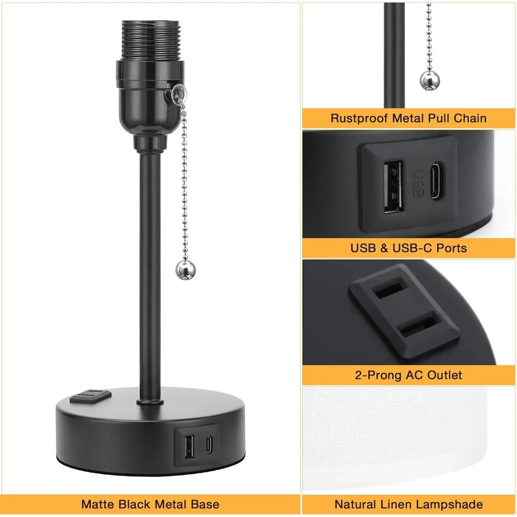 Small Table Lamp Led Rechargeable Light Pull Chain Reading Light with AC Outlet Bedside Table Beige Lampshade for Bedroom Kids