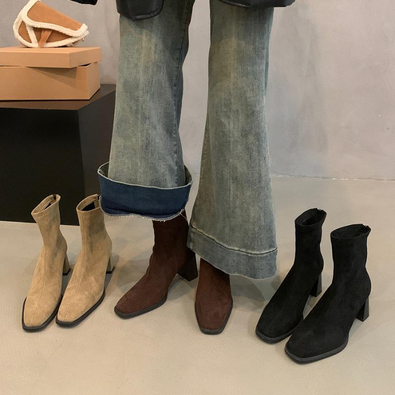 Модные винтажные женские ботильоны 2025 Модные с квадратным носком на толстом высоком каблуке Осенне-зимние новые женские элегантные стрейчевые облегающие короткие ботильоны
