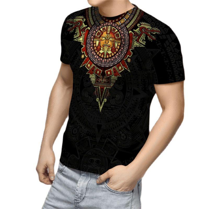 Mexico Aztec Men's T-Shirt, 3D Printed Short Sleeve T-Shirt, Day of Death, Street, Hip Hop, Large, 2023 New