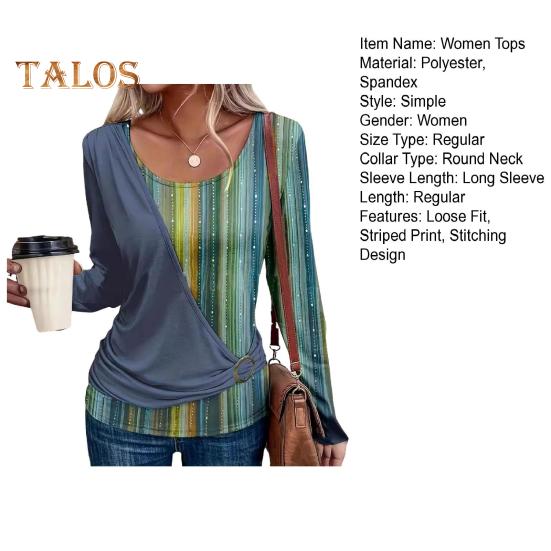 Женские топы с круглым вырезом и длинными рукавами, пуловеры, полосатые принты, повседневная свободная футболка, повседневная одежда