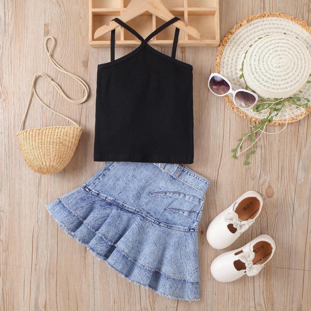 Летний костюм для девочек, однотонный джинсовый костюм с лямками и короткой юбкой